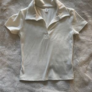 BP Cream Ribbed Collared Short Sleeve Top
